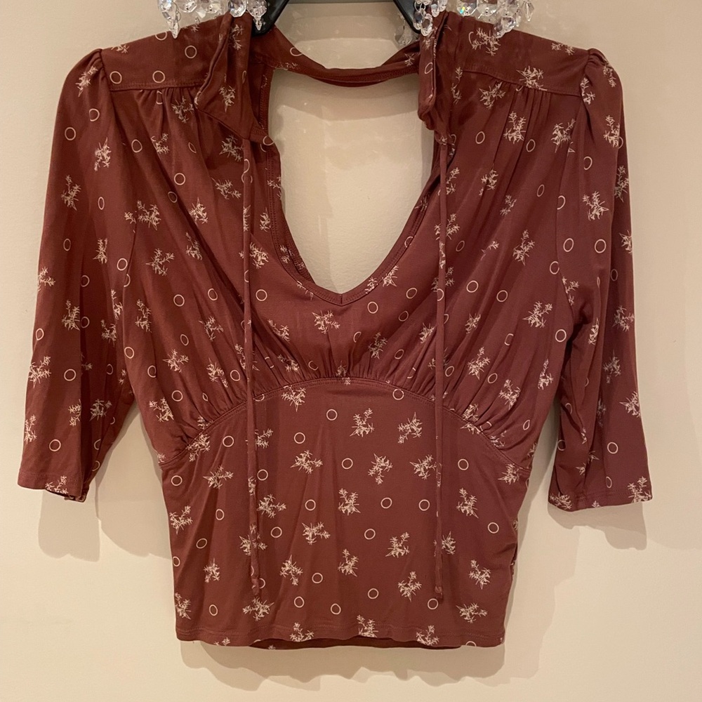 Free People Rust Floral & Dot Tie-Back Blouse